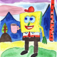 SpongeBob SquarePants dressed as a mailman drinking a cup of coffee in a mountainside scene, watercolors by 5 year old