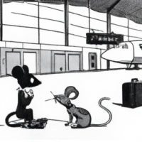 Cat talking to a mouse in an airport, 1960s Cartoon